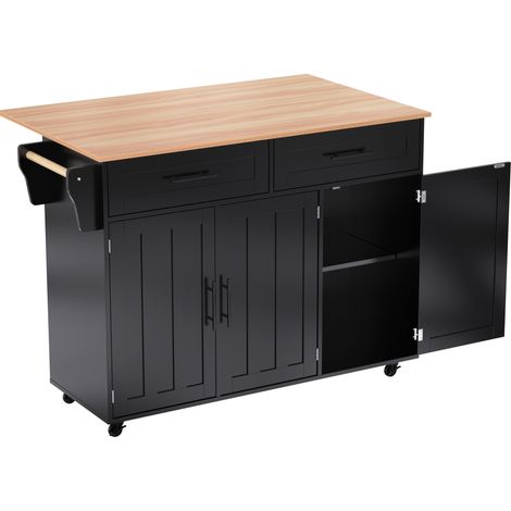 Chariot de cuisine avec tablette rabattable, rangement et roulettes, 129x71x91,5 cm, noir (1/5)