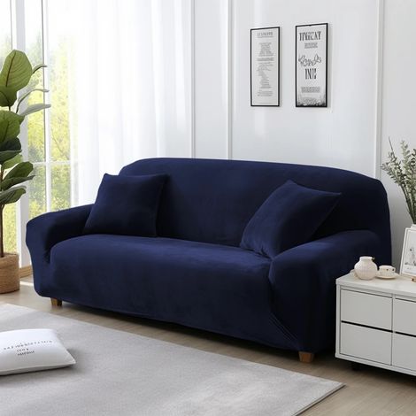 Housse de canapé en velours extensible, bleu saphir, deux places (145-185 cm). (1/5)