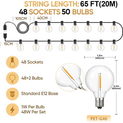 Guirlande lumineuse LED G40 incassable de 20 m (65 pi) avec 48 ampoules et prise américaine, étanche, connectable, pour extérieur, décoration de camping et autres activités. (1/5)