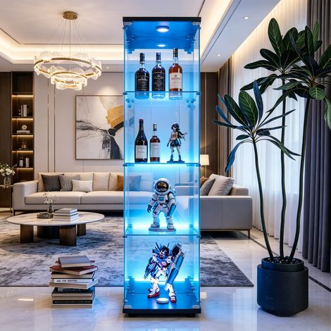 JOOKGBD-Glasvitrine,1 Tür vitrinenschrank 4 Regalen transparent, mit Schloss und LED,Sammlerstücke Glasvitrine,Bücherregal aus Glas,Vertikale Glasvitrine,für Wohnzimmer Schlafzimmer Büro,Schwarz