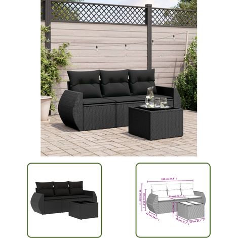 The Living Store Salon de jardin 4 pcs avec coussins noir résine tressée - Ensemble Salon De Jardin - Meuble De Jardin - Salon De Jardin Design - Mobilier De Jardin Résistant - Fauteuil De Jardin (1/3)
