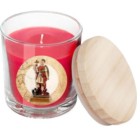 Bougie de Saint-Expédit rouge Bocal en verre avec couvercle dans une boîte avec l'Histoire 7 x 7 x 8,5 cm