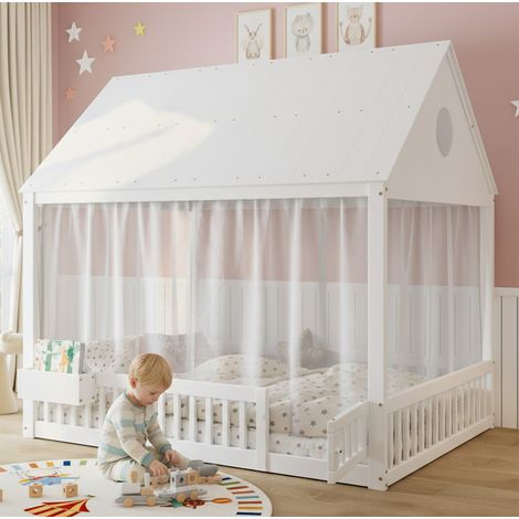 Letto a casetta per bambini 140x200 cm, con vano portaoggetti e rete a doghe, in pino e MDF, bianco (1/5)