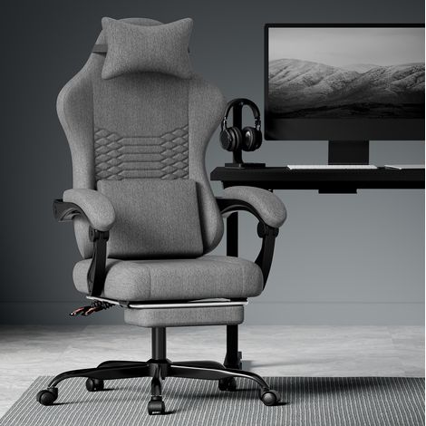 Sedia gaming grigio scuro in tessuto con supporto ergonomico, poggiatesta, massaggio lombare e poggiapiedi (1/5)