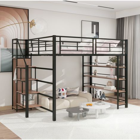 DESVIAE Lit mezzanine 140 x 200 cm avec escalier de rangement armoire étagères garde corps haut métal noir (1/5)