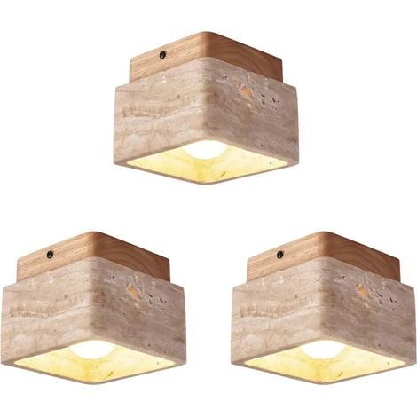 3x Plafonnier Vintage en Carré,Lampe de Plafond Abat-jour en Travertin Jaune Naturel Lustre Retro Bois Brut pour Salon (1/5)