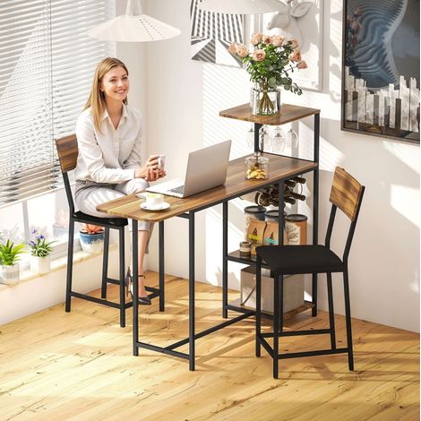 Conjunto de barra de cocina MDF y acero marrón, mesa extensible 110/140x40 cm con botellero, soporte para copas y 2 taburetes (1/3)