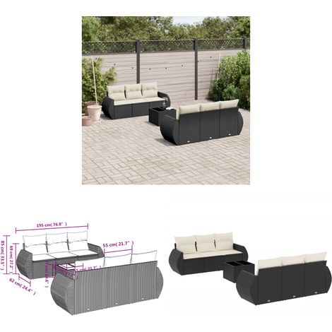 7-tlg. Garten-Sofagarnitur mit Kissen Schwarz Poly Rattan - Gartenmöbel - Esstischgarnituren - Outdoor Möbel - Rattan Sofa - Lounge Set - Home & Living