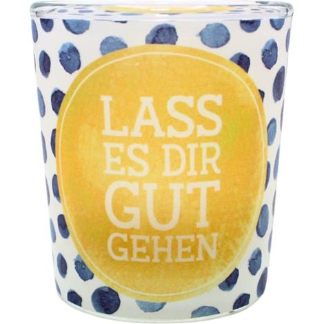 Photophore en Verre avec Motif sur Une Banderole Transparente, avec 1 Bougie Chauffe-Plat, H x Ø : 6,5 x 6 cm, Motif : « Lass ES Dir Gut gehen ». (1/5)