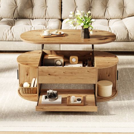 Table basse relevable 110x55x55 cm - table de salon avec rangement caché, portes coulissantes et plateau coulissant en mdf style moderne - naturel