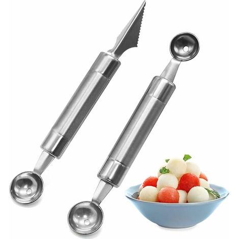 royaluxe - Lot de 2 cuillères à melon en acier inoxydable - Éplucheur à fruits - Outil de découpe multifonction pour salades de fruits, (1/5)