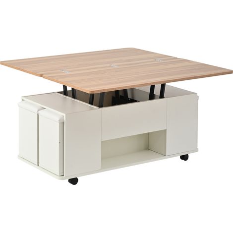 Table basse multifonctionnelle blanche et bois naturel avec plateau réglable et 4 tabourets de rangement (1/5)