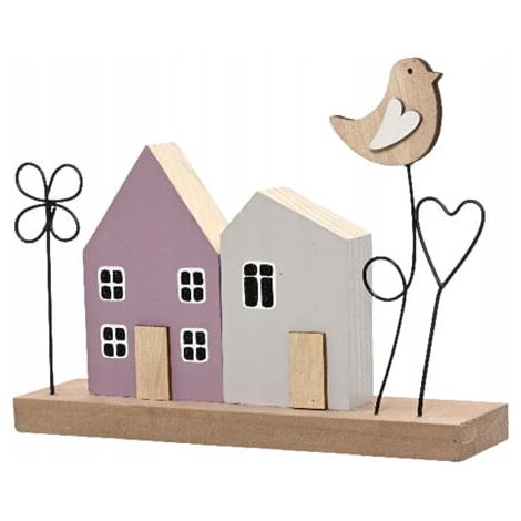 Statuetta in legno raffigurante una casa con un uccellino e fiori, 16x12 cm. (1/2)