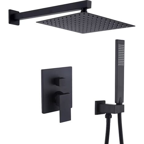 Colonne de douche encastrée Noir, Kit de Douche Complet Encastré avec Tête de Douche 20x20cm, Douchette, Ensemble Douche Encastrer