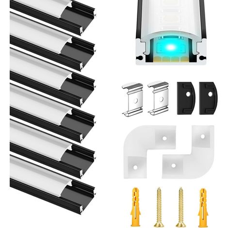 Profilés en Aluminium Led Noir 6x1m U Forme, Canal aluminium Led en pour Bandes à Led, Profil Led avec Couvercle Blanc Crème, Canal Led et Diffuseur avec Embouts, Clips de Montage en Métal (1/5)