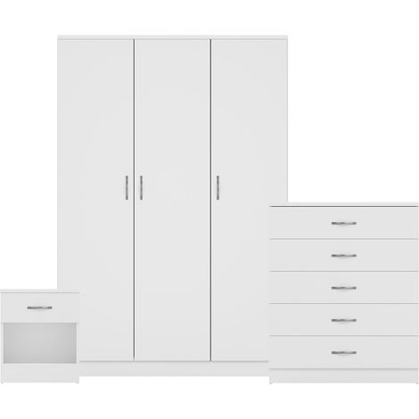 Riano 3 Piece Bedroom Set (1 Drawer Bedside Chest, 5 Drawer Chest, 3 Door Wardrobe), White (1/3)