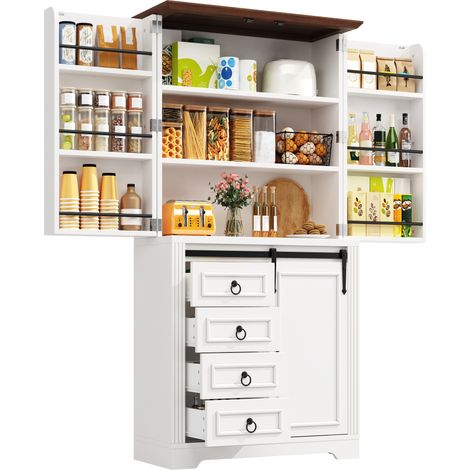 Haut de cuisine avec anti-basculement, soft-close magnétique, rack à snacks latéral, 4 tiroirs et étagères réglables, MDF blanc, 80 x 39,8 x 180 cm  CHICFURN (1/5)