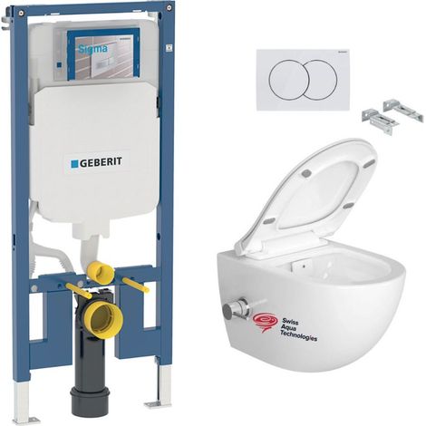 Kit per WC Geberit Duofix + WC SAT senza brida con bidet termostatico + sedile SoftClose + placca (SATCleanGeb3-D)