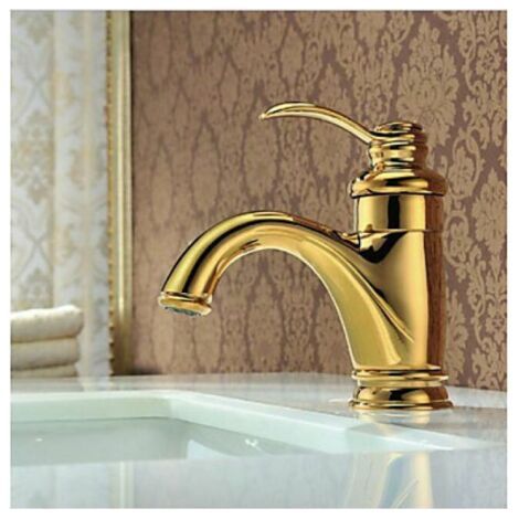 Rubinetto per lavabo da bagno color oro, rubinetto monoforo per acqua calda e fredda. (1/4)
