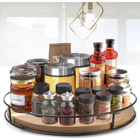 GDHZS-  Plateau Tournant Epices en Bois 30 30 5.5cm, Plateau Tournant Epices Rotatif, Étagère à Épices Rotative à 360, Organisateur de Cuisine Bois, Porte Epices Cuisine Rotatif pour Épices (1/5)