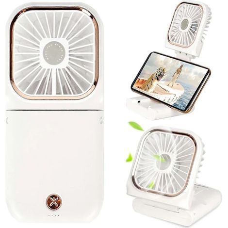Mini ventilateur portable, petit ventilateur à piles 5 en 1 avec batterie externe rechargeable USB, blanc (1/5)