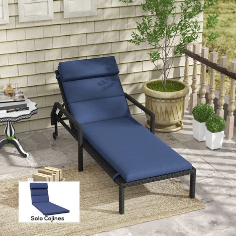 Coussin chaise longue Bleu coton tissu hydrorésistant siège + dossier foncé 196x63x6 cm (1/4)
