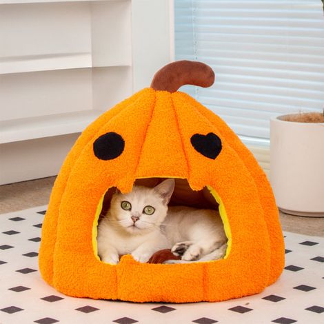 Lit Pour Chat - Cabane Chaude Semi-fermée Forme Citrouille - Dimensions 40x40x32 cm - Coton - Pour Chats et Petits Chiens - 1 Pièce (1/5)