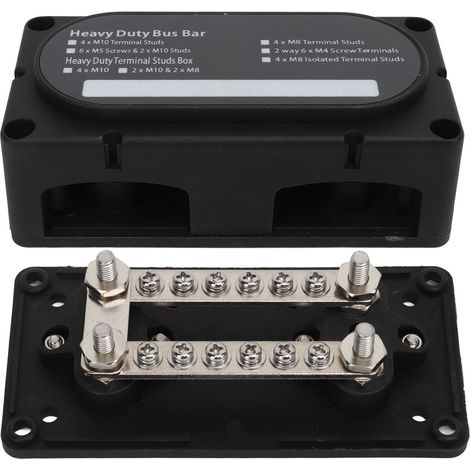 Bloc de distribution électrique 4 bornes 100 A à double barre omnibus, robuste et universel pour véhicules 12-48 V (voitures, camions, camping-cars, bateaux). (1/5)