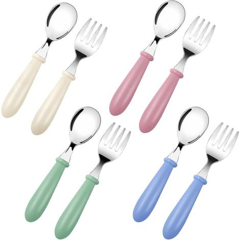 8-teiliges Kinderbesteck-Set aus Edelstahl: 4 Gabeln, 4 Löffel, Babybesteck-Set mit runden Griffen für Jungen und Mädchen, für Zuhause und Schule (Grün, Blau, Rosa, Weiß) (1/4)