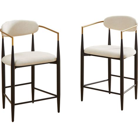 Pack de 2 taburetes de bar con reposabrazos, sillas altas para isla de cocina y barra, metal y tela de estilo vintage rústico chic, beige (1/5)