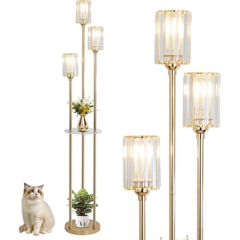Lampadaire doré moderne avec étagère, 3 ampoules vintage avec abat-jour en verre et interrupteur à pied, cristal, pour chambre à coucher, bureau (1/5)