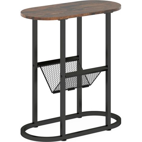 Table d'appoint étroite avec porte-revues en V, bout de canapé ovale en métal marron rustique pour salon et chambre (1/5)