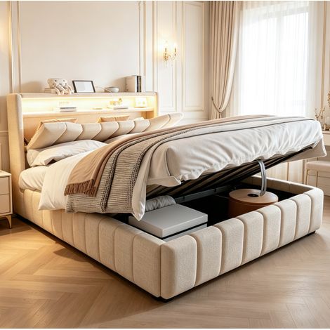 Cama 140x200 cm con almacenamiento hidráulico, LED, USB y USB-C, cabecero con almacenamiento, lino beige (1/5)