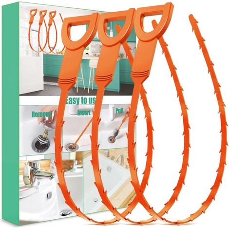Déboucheur de canalisations Drain Snake, lot de 3 - Outil de nettoyage pour les canalisations d'éviers, de douches, de baignoires et de spas (orange) (1/5)