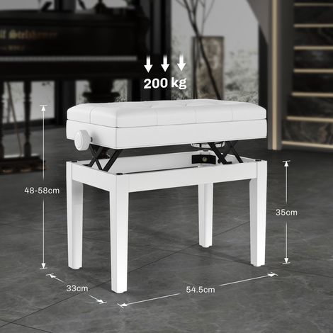 Tabouret de piano réglable en hauteur avec espace de rangement et assise rembourrée, 54,5 x 33 x 48-58 cm, blanc (1/5)