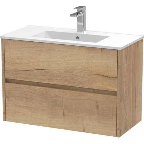 Chartley Contemporary 2 Drawer Wall Hung Vanity Unit with Minimalist Basin, Autumn Oak, 800mm