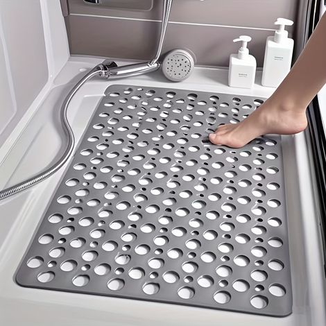 Confezione da 1 tappetino da doccia antiscivolo in silicone ad asciugatura rapida con fori rotondi e anello massaggiante. (1/5)