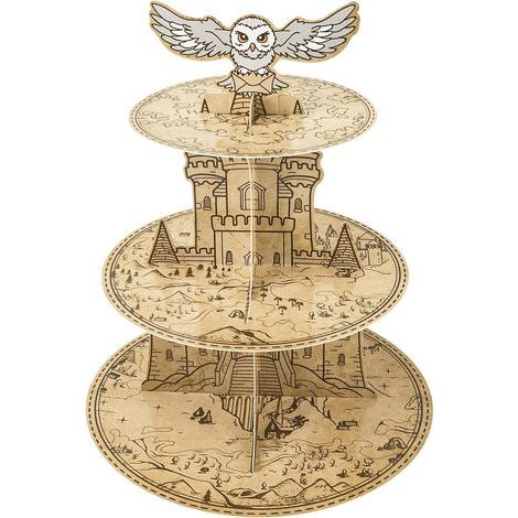 Présentoir à cupcakes magique à 3 étages, tour à desserts en carton sur le thème du hibou et du château, présentoir à cupcakes style carte vintage pour école de sorciers (1/5)