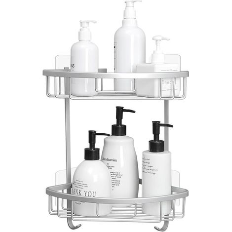 Estante esquinero para ducha, no requiere perforación, almacenamiento de baño de metal, autoadhesivo, organizador de ducha inoxidable con 2 ganchos, 2 niveles, plateado