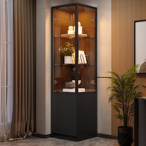Vitrine haute d'angle LED 40x40x160 cm avec portes en verre trempé, cadre aluminium, étagères vitrées, rangement fermé, pour salon - Noir
