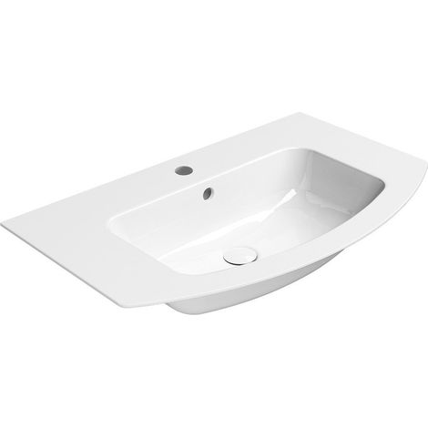 PURA Slim Lavabo en céramique courbé 82x49cm, bord inférieur rainuré, blanc ExtraGlaze (1/3)