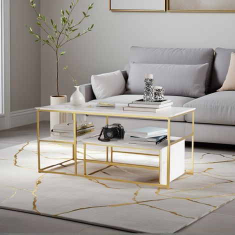 FOERPL-Set di 2 Tavoli Bassi Quadrati, Set di 2 Tavolini Impilabili in Marmo, Tavolo da Salotto Modulabile con Ripostiglio, Tavolo da Appoggio Multifunzionale Rimovibile con Piedi in Metallo (1/5)