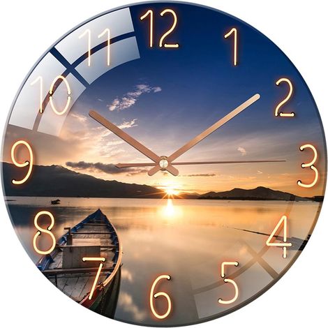 Verre Trempé Quartz Silencieux Horloge Murale Chambre Décoration Coucher Du Soleil