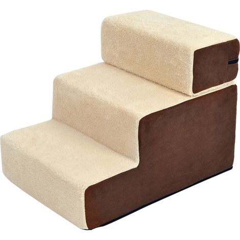 Escalier pour chien animaux rampe 2/3 marches déhoussable dim. 54L x 40l x 39H cm mousse haute densité tissu peluche courte marron crème