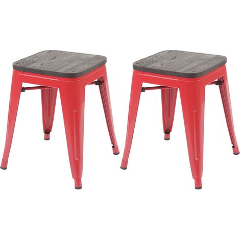 2er-Set Hocker HHG-397 inkl. Holz-Sitzfläche, Metallhocker Sitzhocker, Metall Industriedesign stapelbar rot