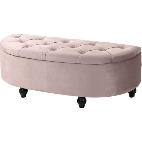 Semi-Circle Ottoman Storage Bench, Bed End Bench, Tufted Upholstered Window Seat Footrest Stool Rubberwood Legs for Bedroom & Entryway, 120 x 46 x 42 cm, Pink (1/5)