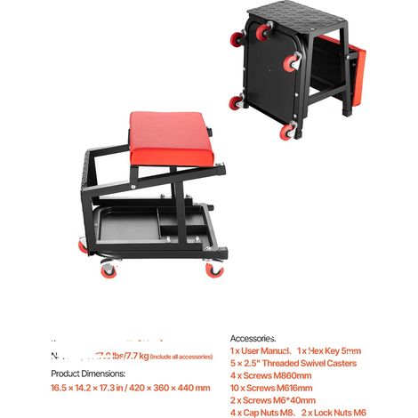 Tabouret de Mécanicien, Capacité de 300 lbs, Roulettes Pivotantes (1/2)