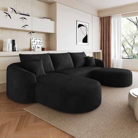 Divano angolare a 3 posti con pouf, curvato a sinistra, in tessuto ciniglia, compresso, non richiede montaggio, schiuma ad alta densità, 266x168x85 cm, nero (1/5)