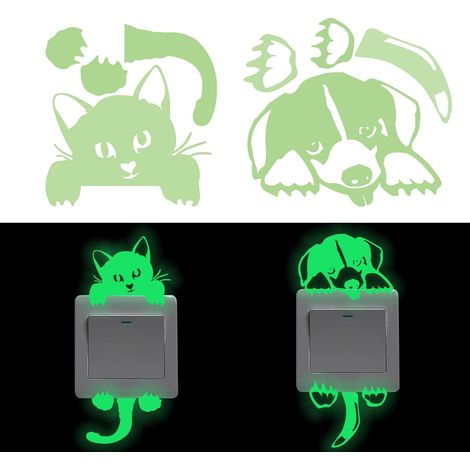 2 Pièces Stickers Interrupteur Rougeoyant, Commutateur Autocollant Imperméable Mignon avec Cartoon de Chien de Chat Créatif pour Interrupteur et Prise pour Décoration Salon Couloir Chambr (1/5)
