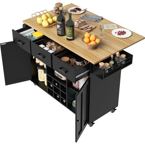 Desserte De Cuisine 104x39,5x91,5 Cm Noire En Mdf, Plateau Rabattable 65 Cm Et Rangements (1/5)